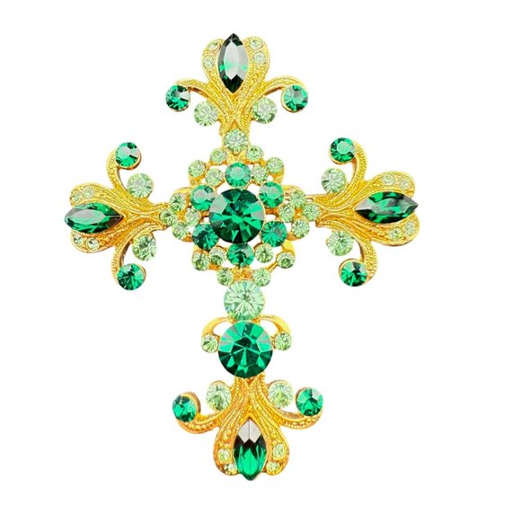 Vintage Gold-Tone Green Rhinestone Cross Brooch - Picture 1 of 6